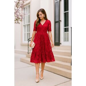 GAL MEETS GLAM Red Lace Fit & Flare Midi Dress  Women's Size 4